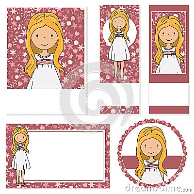 My first communion girl. Cards of different formats. Vector Illustration