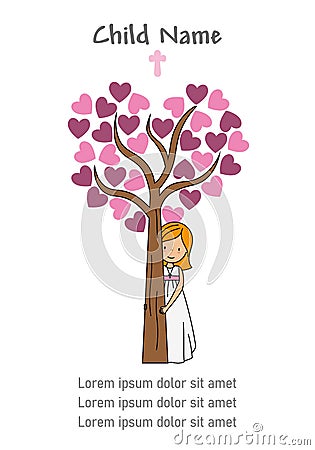 My first communion girl. Girl next to a tree with hearts Vector Illustration