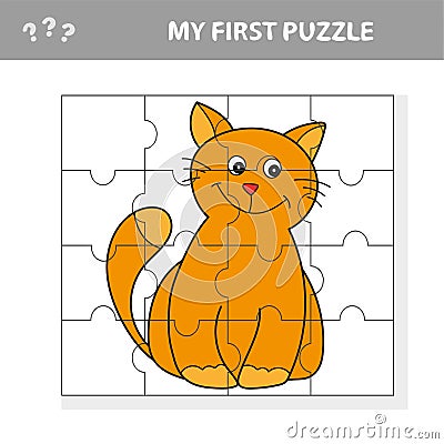 My first puzzle. Cute puzzle game with happy cartoon cat for children Vector Illustration