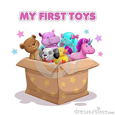 My first toy. Funny textile animal toys in the box. Vector Illustration