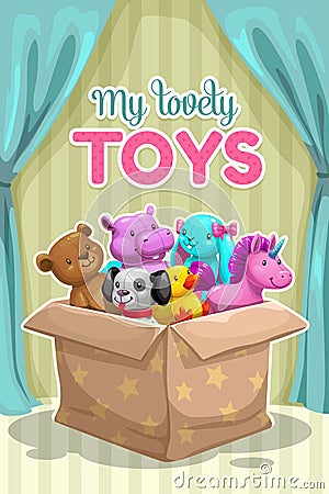 My first toy. Funny textile animal toys in the box. Vector Illustration