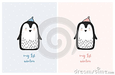 My First Winter Cute Nursery Vector Illustration Set. Sweet Little Penguins. Vector Illustration