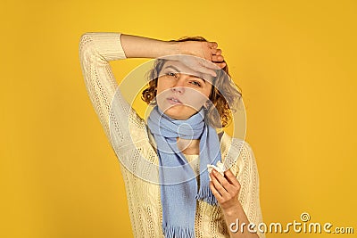 My head aching. coronavirus, novel chinese virus. pandemic epidemic outbreak. nCoV strain. female health concept. woman Stock Photo