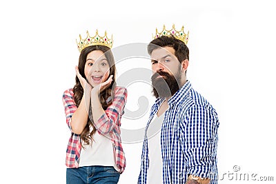 She is my little princess. Bearded man proud of his daughter. Man golden crown and little girl kid princess. Best Stock Photo