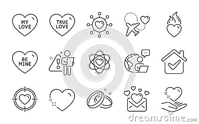 My love, Atom and Wedding rings icons set. Heart, Love mail and Be mine signs. Vector Vector Illustration