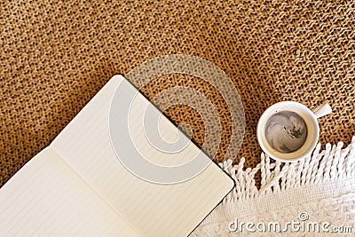 My love diary - The daily journal. Personal diary on knitted woolen textile. Keeping a Diary or Journal recording everyday Stock Photo