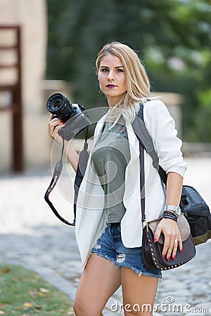 My lovely wife with my camera Stock Photo