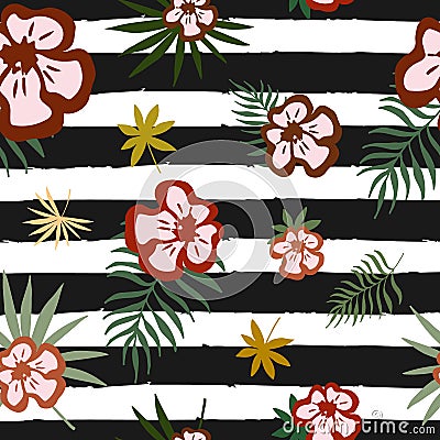 Exotic flowers and leaves on a striped background, topical blossoms, palm leaves repeated pattern, seamles exotic summer pattern, Vector Illustration