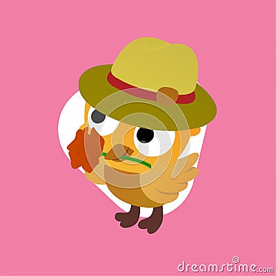 Illustration of Yellow Bird Wearing a Hat And Carrying Flowers in its Beak Cartoon, Cute Funny Character, Flat Design Stock Photo