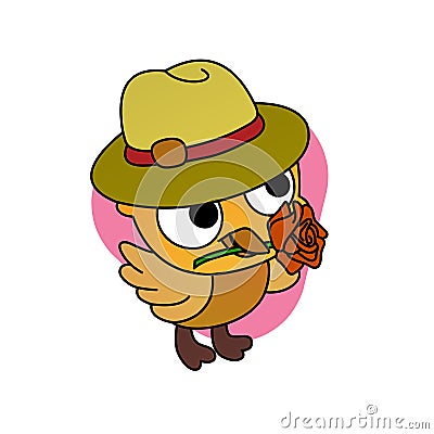 Illustration of Yellow Bird Wearing a Hat And Carrying Flowers in its Beak Cartoon, Cute Funny Character, Flat Design Stock Photo