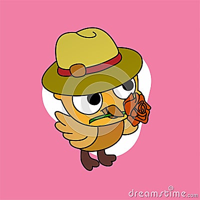 Illustration of Yellow Bird Wearing a Hat And Carrying Flowers in its Beak Cartoon, Cute Funny Character, Flat Design Stock Photo