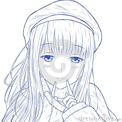 Sketch Smile Cute Anime Girl With Blue Long Hair Stock Photo