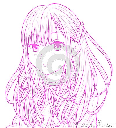 Sketch Smile Cute Anime Girl With Dress Outfit And Pink Long Hair Look At You Stock Photo