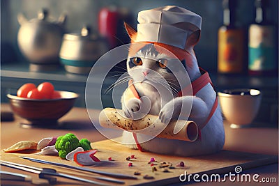 Chef pet cat using knife preparing and eating sushi Stock Photo