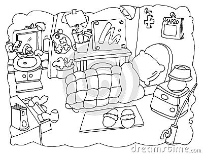 My room, bedroom of an artist chine coloring for kids Stock Photo