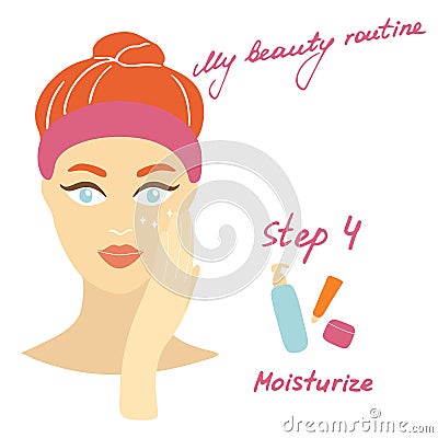 My daily routine. Skin care vector illustration. Correct order to apply skin care products. Step 4 Moisturize Vector Illustration
