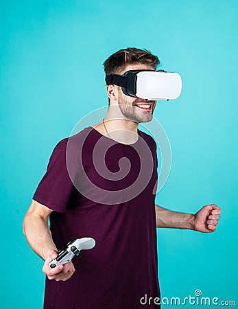 In my virtual world. Digital future and innovation. Visual reality. man wear wireless VR glasses. guy play video games Stock Photo