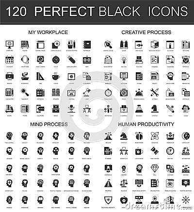 My workplace, creative process, mind process, human productivity black mini concept icons symbols. Modern vector icon Vector Illustration