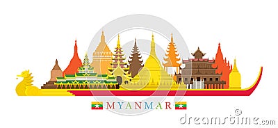 Myanmar Architecture Landmarks Skyline Vector Illustration