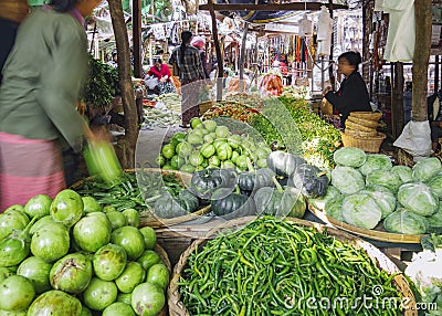 MYANMAR, BAGAN - FEB 3, 2018 : Nyaung U Market Local market sell fresh food vegetable fruit in Bagan Crowd people tourist seller Editorial Stock Photo