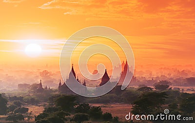 Myanmar Bagan historical site on magical sunset. Burma Asia Stock Photo