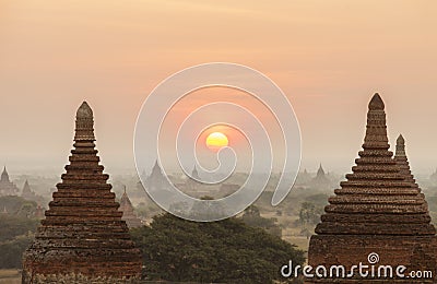 Myanmar Bagan sunrise morning time balloon air for tourist and beautiful landscape pagoda ancient of Burma. The landmark tourism c Stock Photo
