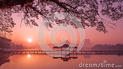 Myanmar (Burma) Hpa An lake at sunrise. Asian landmark Stock Photo