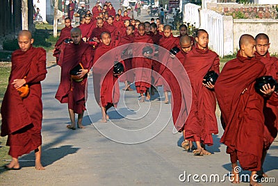 Myanmar (Burma) Many Monks Alms Collecting Editorial Stock Photo