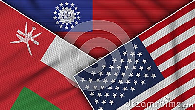 Myanmar Burma United States of America Oman Flags Together Fabric Texture Illustration Stock Photo