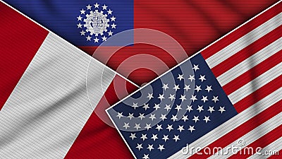 Myanmar Burma United States of America Peru Flags Together Fabric Texture Illustration Stock Photo