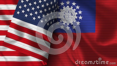Myanmar Burma and United States of America Realistic Flag â€“ Fabric Texture Illustration Stock Photo