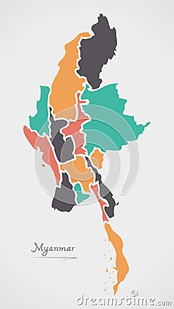 Myanmar Map with states and modern round shapes Vector Illustration