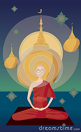 Myanmar monk meditation in front of Kyaikhtiyo pagoda Vector Illustration