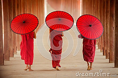 Myanmar Novice monk walking together in ancient pagoda Bagan Man Stock Photo