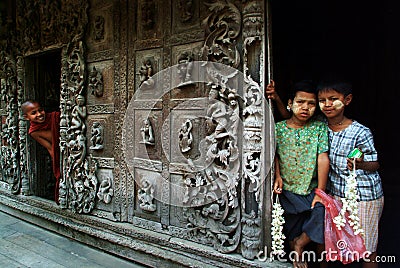 Myanmar young boys and young novice monk at Shwenandaw Monastery. Editorial Stock Photo