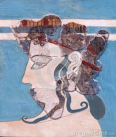 Mycenaean fresco wall painting fragment depicting a woman from a ceremonial procession in Tiryns palace, Argolis, Greece Editorial Stock Photo