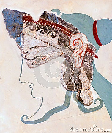 Mycenaean fresco wall painting fragment depicting a woman from a ceremonial procession in Tiryns palace Editorial Stock Photo