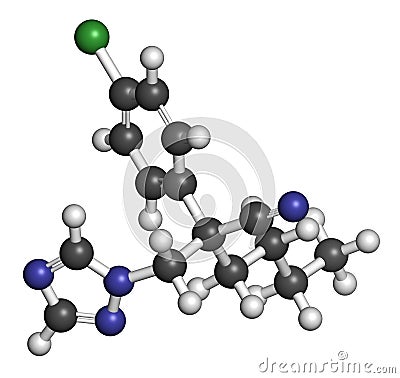 Myclobutanil antifungal molecule triazole class. 3D rendering. Atoms are represented as spheres with conventional color coding:. Stock Photo