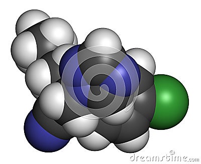 Myclobutanil antifungal molecule triazole class. 3D rendering. Atoms are represented as spheres with conventional color coding:. Stock Photo