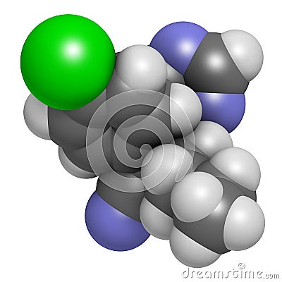 Myclobutanil antifungal molecule (triazole class). 3D rendering. Atoms are represented as spheres with conventional color coding: Stock Photo