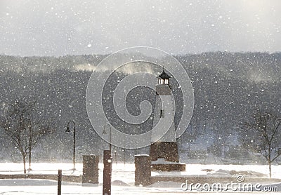 Myers Park Lighthouse in Lansing NYS during a January snowstorm Cartoon Illustration