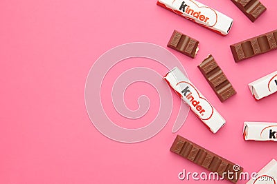 Mykolaiv, Ukraine - July 28, 2023: Bars Of Kinder Chocolate on pink background. Space for text Editorial Stock Photo