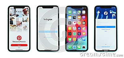 MYKOLAIV, UKRAINE - JULY 07, 2020: New modern iPhone 11 with Facebook, Instagram, Pinterest apps and home screen Editorial Stock Photo