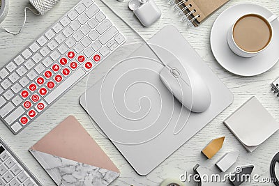 MYKOLAIV, UKRAINE - MAY 4, 2020: Computer keyboard with social media apps logotypes on table, flat lay Editorial Stock Photo