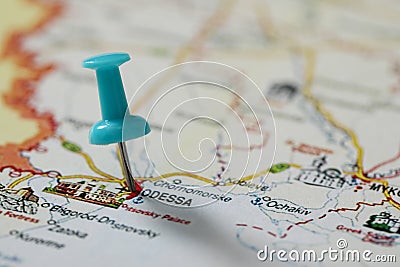 MYKOLAIV, UKRAINE - NOVEMBER 09, 2020: Odesa city marked with push pin on map of Ukraine, closeup Editorial Stock Photo