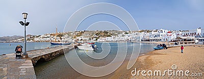 Panoramic view of Chora of Mykonos with tourists Editorial Stock Photo