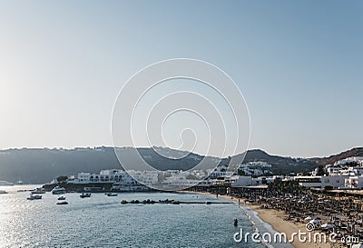 High angle view of Platis Gialos beach, Mykonos, Greece Editorial Stock Photo