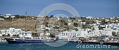 Mykonos, Greece, 11 September 2018, Panoramic view of the old port of Chora in the Cyclades Editorial Stock Photo