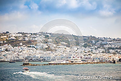 Mykonos island aerial panoramic view, part of the Cyclades, Greece Editorial Stock Photo