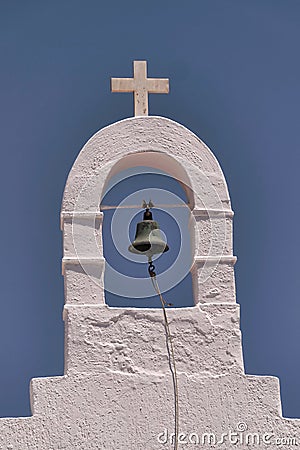 Mykonos island Greece, church steeple and bell Stock Photo